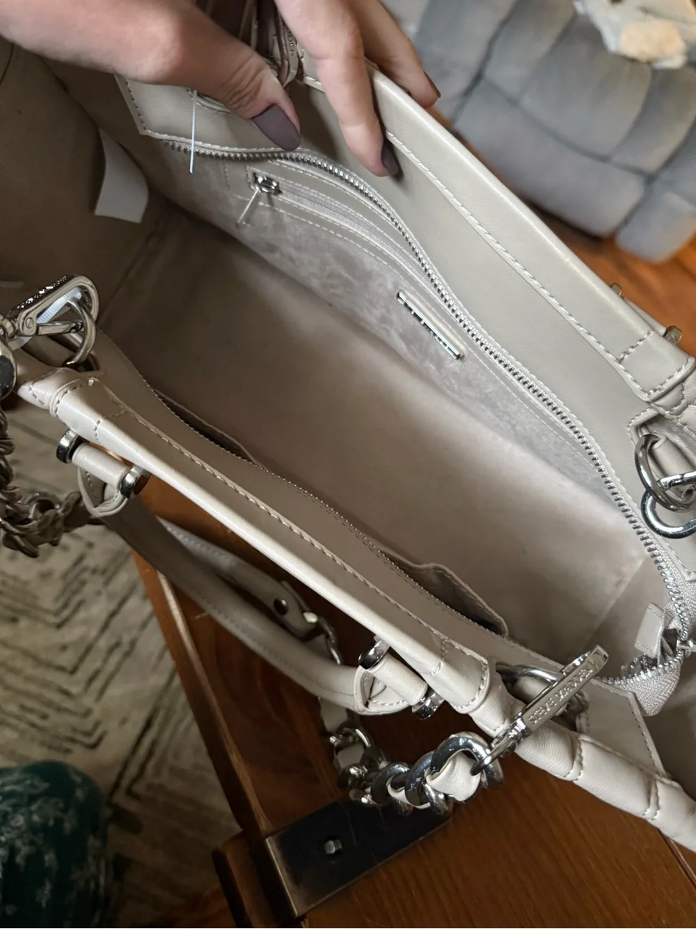 Steve Madden Quilted Cream Satchel with Silver Chain Handles